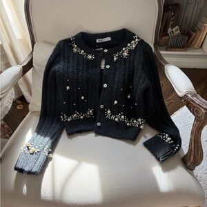 Charcoal gray Cardigan with Pearl Embellishments- Zara